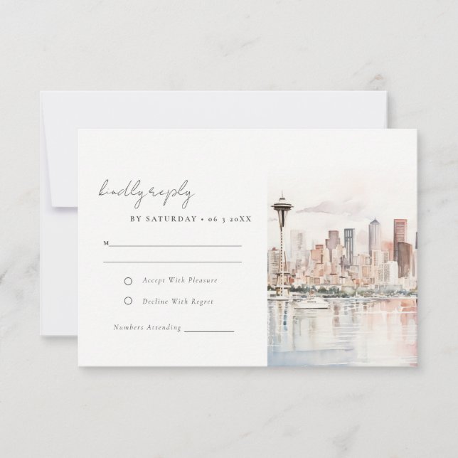 Cartão RSVP Seattle Washington Watercolor Landscape Wedding (Frente)