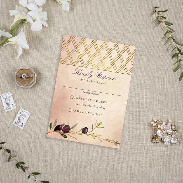 Cartão RSVP Seção de Oliveira Italiana Chic e Latice Dourada (Tuscan Gold Lattice and Olive Branches RSVP Card)