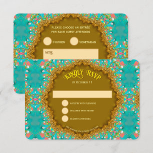 Cartão RSVP Seda de ouro turquesa com renda