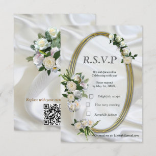Cartão RSVP Seda Luxuosa, Branca, Fluindo e Rosas Douradas.