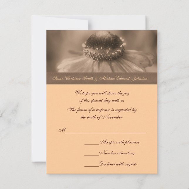 Cartão RSVP Sepia Zinnia Flower Wedding (Frente)