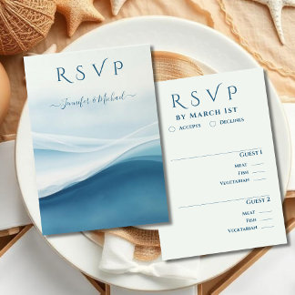 Cartão RSVP Serene Blue Abstract Beach Wedding Meal options