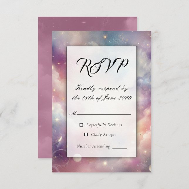 Cartão RSVP Shimmering Celestial Stardust Skies Casamento (Frente/Verso)