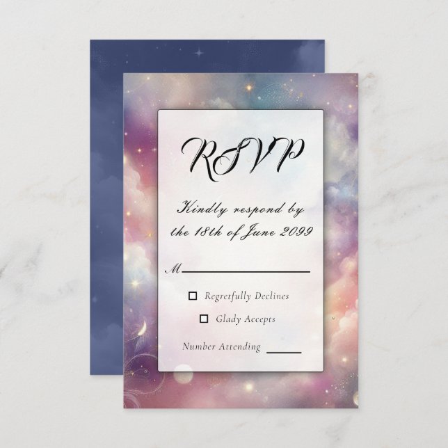 Cartão RSVP Shimmering Celestial Stardust Skies Casamento (Frente/Verso)