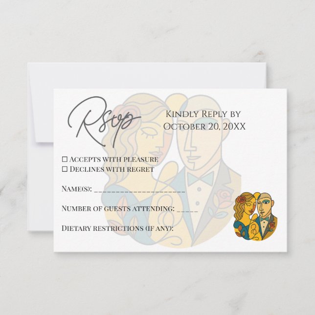 Cartão RSVP Silhueta Artística Destino Casamento Arte Moderna (Frente)