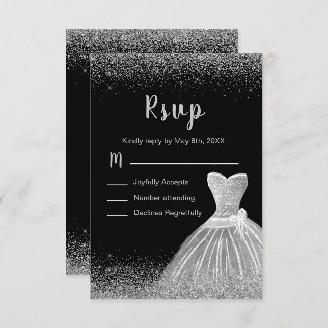 Cartão RSVP Silver Dress Faux Glitter Sweet 16  (Frente/Verso)