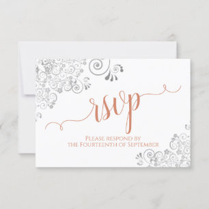 Cartão RSVP Silver Lace Coral em Casamento de Script Elegante 