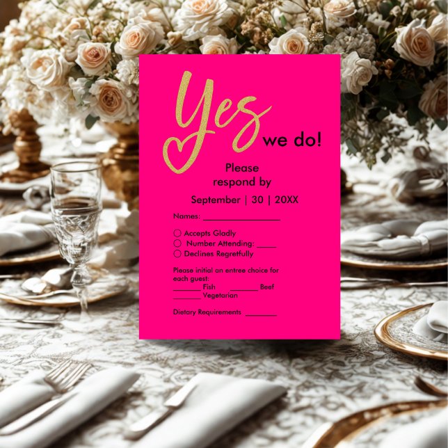 Cartão RSVP Sim, Fazemos Casamento Dourado Rosa Quente (Criador carregado)