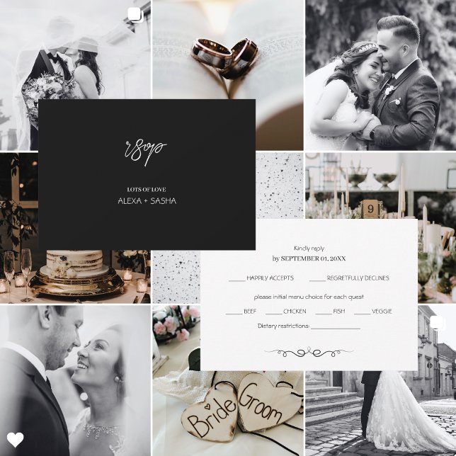 Cartão RSVP Simple Black & White Elegant Minimalist Wedding (Criador carregado)