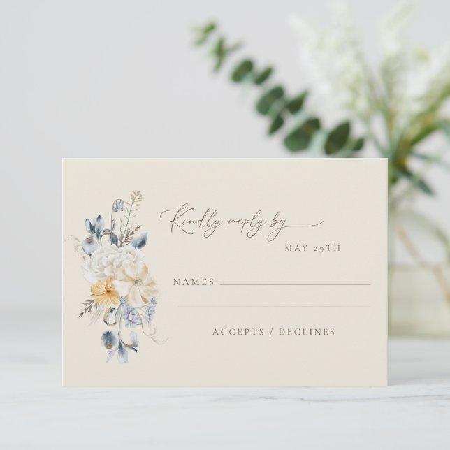 Cartão RSVP Simple Blue Yellow Floral Minimalist Wedding  (Em pé/Frente)