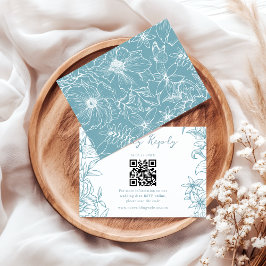 Cartão RSVP Simple Elegant Dusty Blue Floral QR Code Wedding