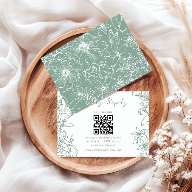 Cartão RSVP Simple Elegant Sage Green Floral QR Code Wedding (Criador carregado)