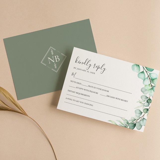 Cartão RSVP Simple Greenery Eucalyptus deixa casamento (Criador carregado)