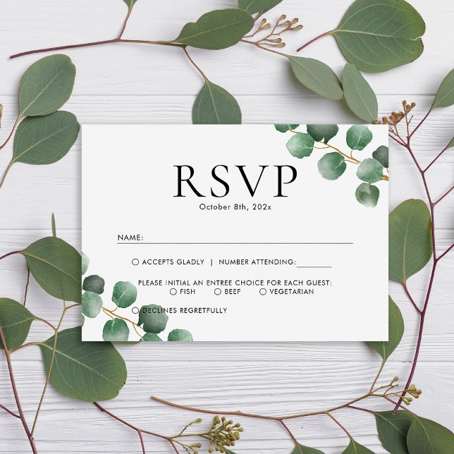 Cartão RSVP Simple Greenery Eucalyptus deixa casamento (Criador carregado)