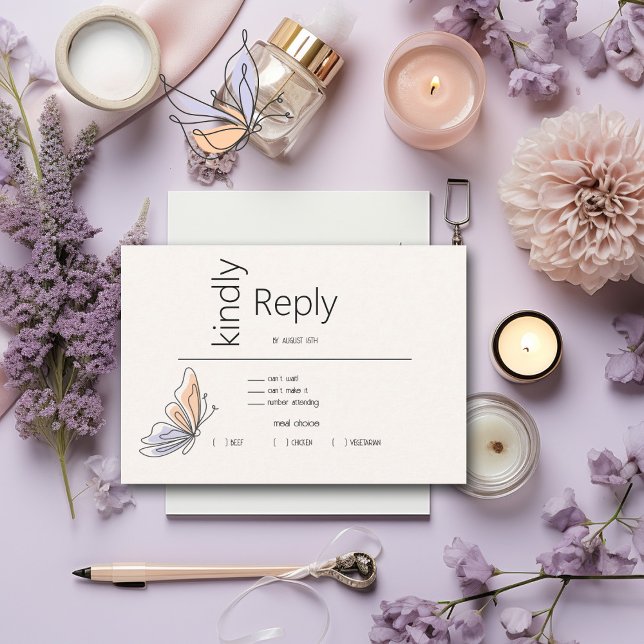 Cartão RSVP Simples borboleta branca coral e violeta (Criador carregado)