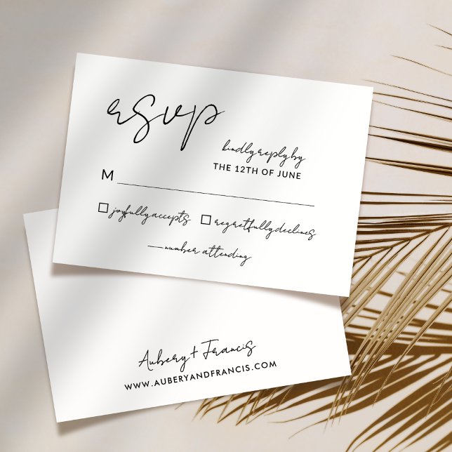 Cartão RSVP Simples Casamento Branco Preto de Script Elegante (Criador carregado)