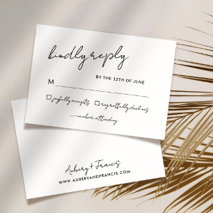 Cartão RSVP Simples Casamento Branco Preto de Script Elegante