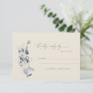 Cartão RSVP Simples Casamento Floral Azul Minimalista