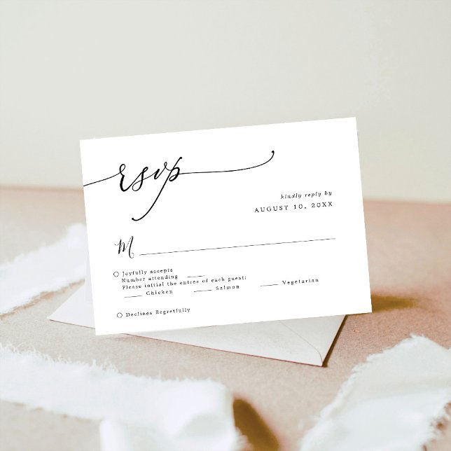 Cartão RSVP Simples Casamento Preto e Branco de Script Elegant (Criador carregado)