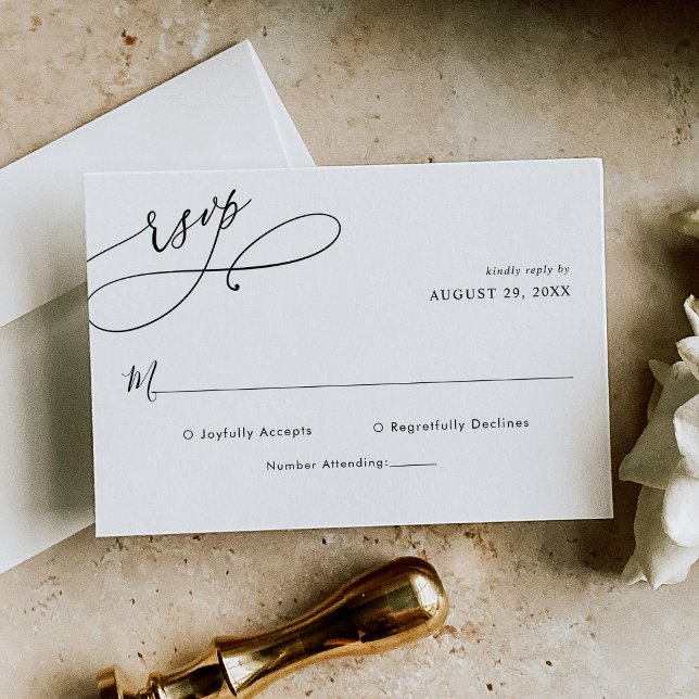 Cartão RSVP Simples Casamento Preto e Branco de Script Elegant (Criador carregado)