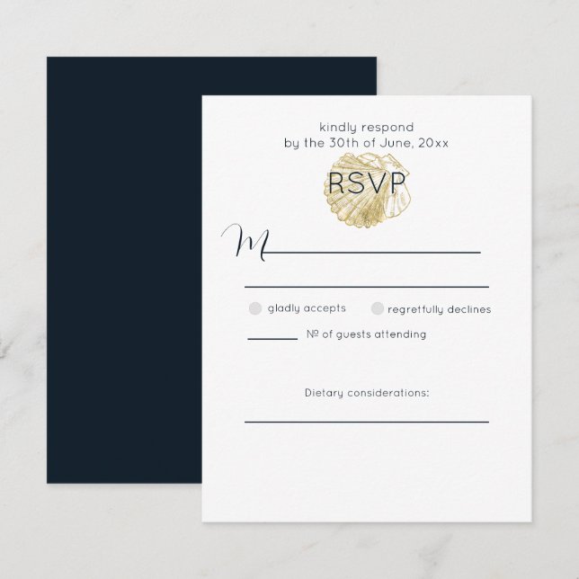 Cartão RSVP Simples Concha de Mar Dourada e Azul Prussiano Pro (Frente/Verso)