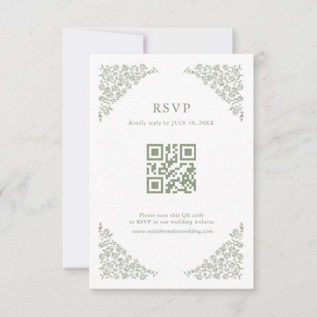 Cartão RSVP Simples Delicar Eterno Floral Código QR Verde (Frente)