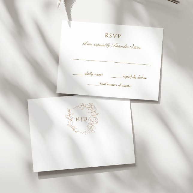 Cartão RSVP Simples elegante da crista de casamentos (Wedding crest botanical gold simple elegant minimalist RSVP cards monogram gold and white RSVP)