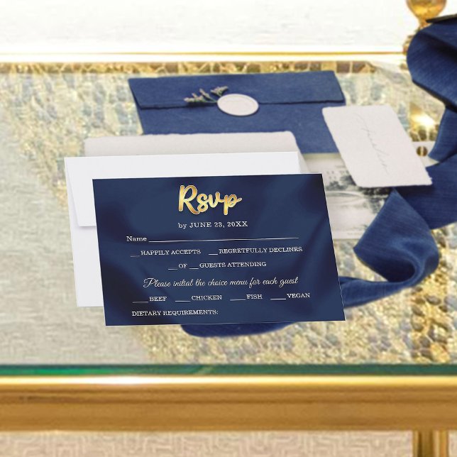 Cartão RSVP Simples Elegante Moderno Casamento Azul Marinho e  (Criador carregado)