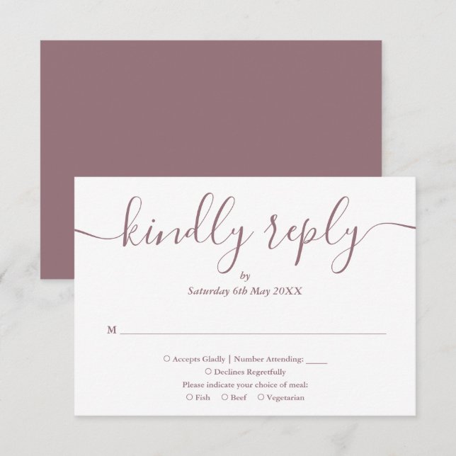 Cartão RSVP Simples Elegante Roxo Script Escolha de Refeição R (Frente/Verso)