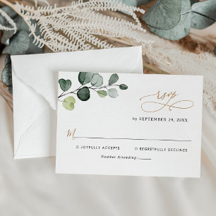 Cartão RSVP Simples Eucalyptus Deixa Casamento Dourado Verde