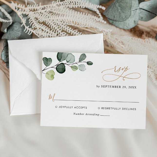 Cartão RSVP Simples Eucalyptus Deixa Casamento Dourado Verde (Criador carregado)
