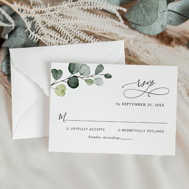 Cartão RSVP Simples Eucalyptus Deixa Casamento Verde (Criador carregado)