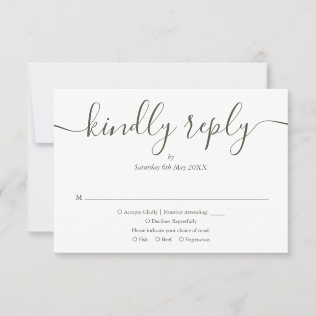Cartão RSVP Simples Script Elegante Verde Oliva Foto Casamento (Frente)