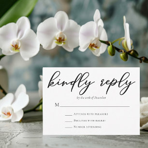 Cartão RSVP Simples Script Preto Responde gentilmente Casament