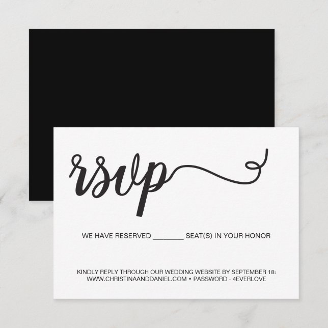 Cartão RSVP Site de casamento Chic Black White - lugares reser (Frente/Verso)