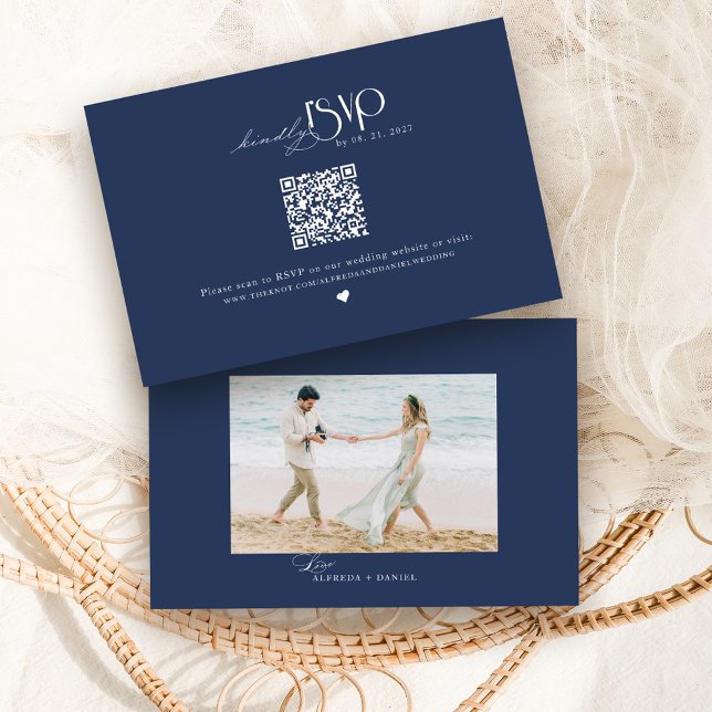 Cartão RSVP Site de Casamento com Código QR Azul Marinho (Criador carregado)