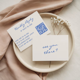 Cartão RSVP Site de Casamento com QR Code de Letra Azul Minima