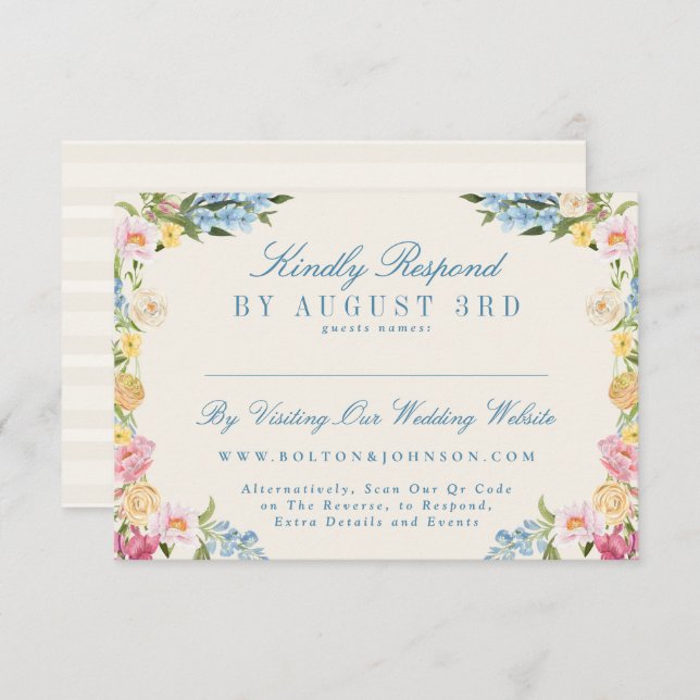 Cartão RSVP Site de casamento online da French Blue Floral Vin (Frente/Verso)