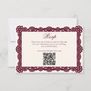 Cartão RSVP Site de Casamento QR com Renda Ivory Burgundy Vito