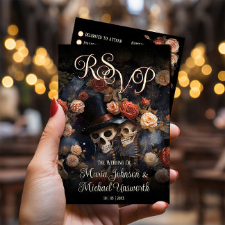 Cartão RSVP Skeletons Cor-de-Rosa Esbranquiçado Casamento Góti