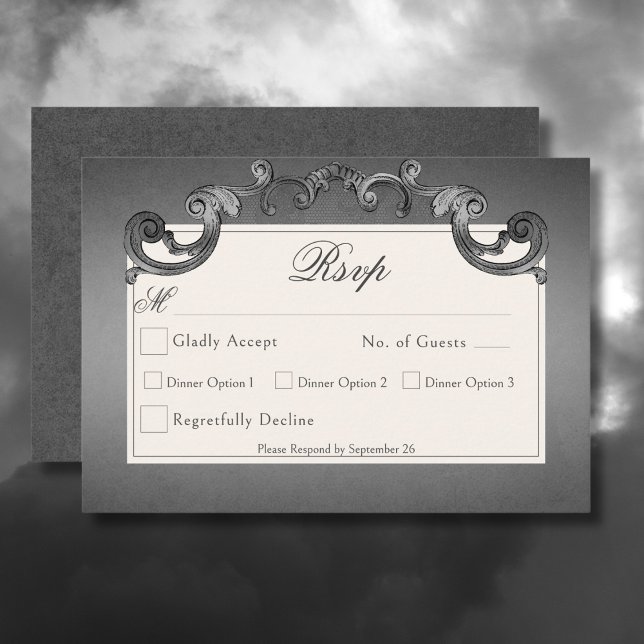 Cartão RSVP Skeletons Góticos Escuros e Casamento Cardíaco Ros (Gothic Dark Skeletons & Rose Heart Wedding Response Card)