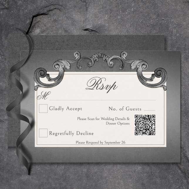 Cartão RSVP Skeletons Góticos Escuros e Código QR de Casamento (Gothic Dark Skeletons & Rose Heart Wedding QR Code RSVP Card)