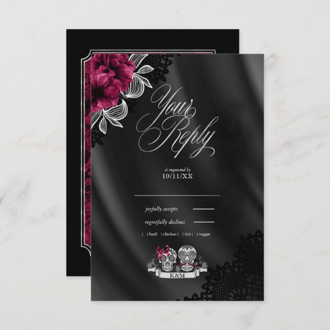 Cartão RSVP Skulls Gothic Wedding Burgundy ID866 (Frente/Verso)