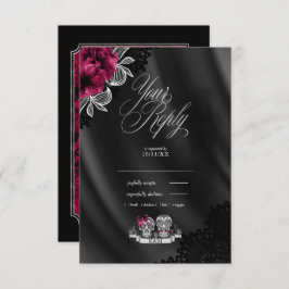 Cartão RSVP Skulls Gothic Wedding Burgundy ID866
