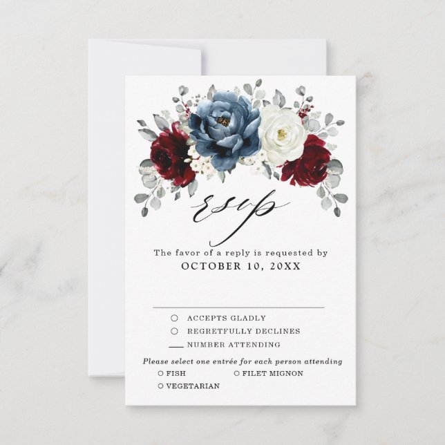Cartão RSVP Slate Blue Burgundy White Ivory Floral Casamento (Frente)