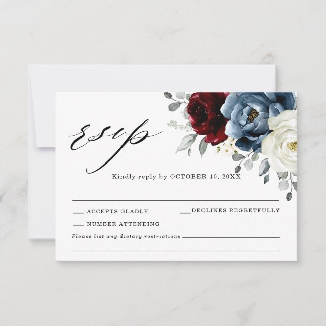 Cartão RSVP Slate Blue Burgundy White Ivory Floral Casamento R (Frente)