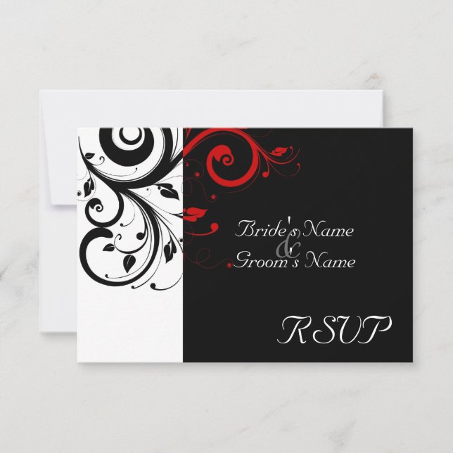 Cartão RSVP Sm Black +White Red Swirl Casamento Correspondente (Frente)