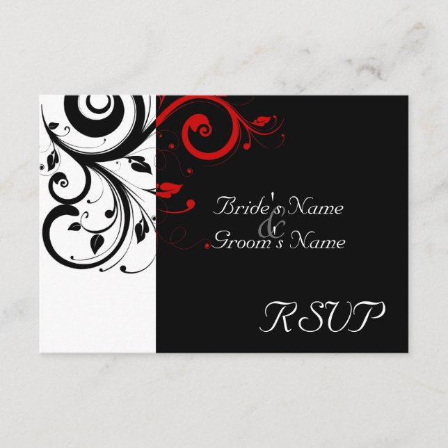 Cartão RSVP Sm Black +White Red Swirl Casamento Correspondente (Frente)
