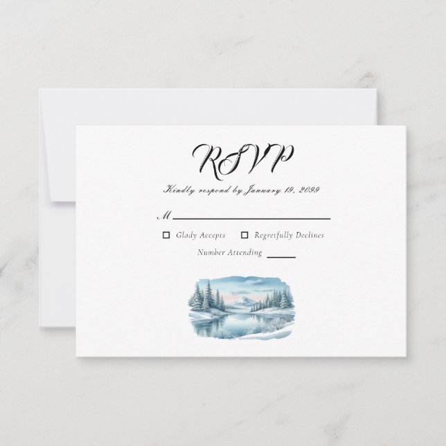 Cartão RSVP Snowy Mountain Winter Lake Wedding (Frente)