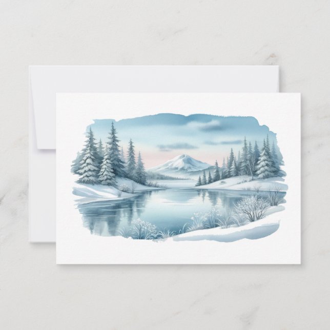Cartão RSVP Snowy Mountain Winter Lake Wedding (Verso)